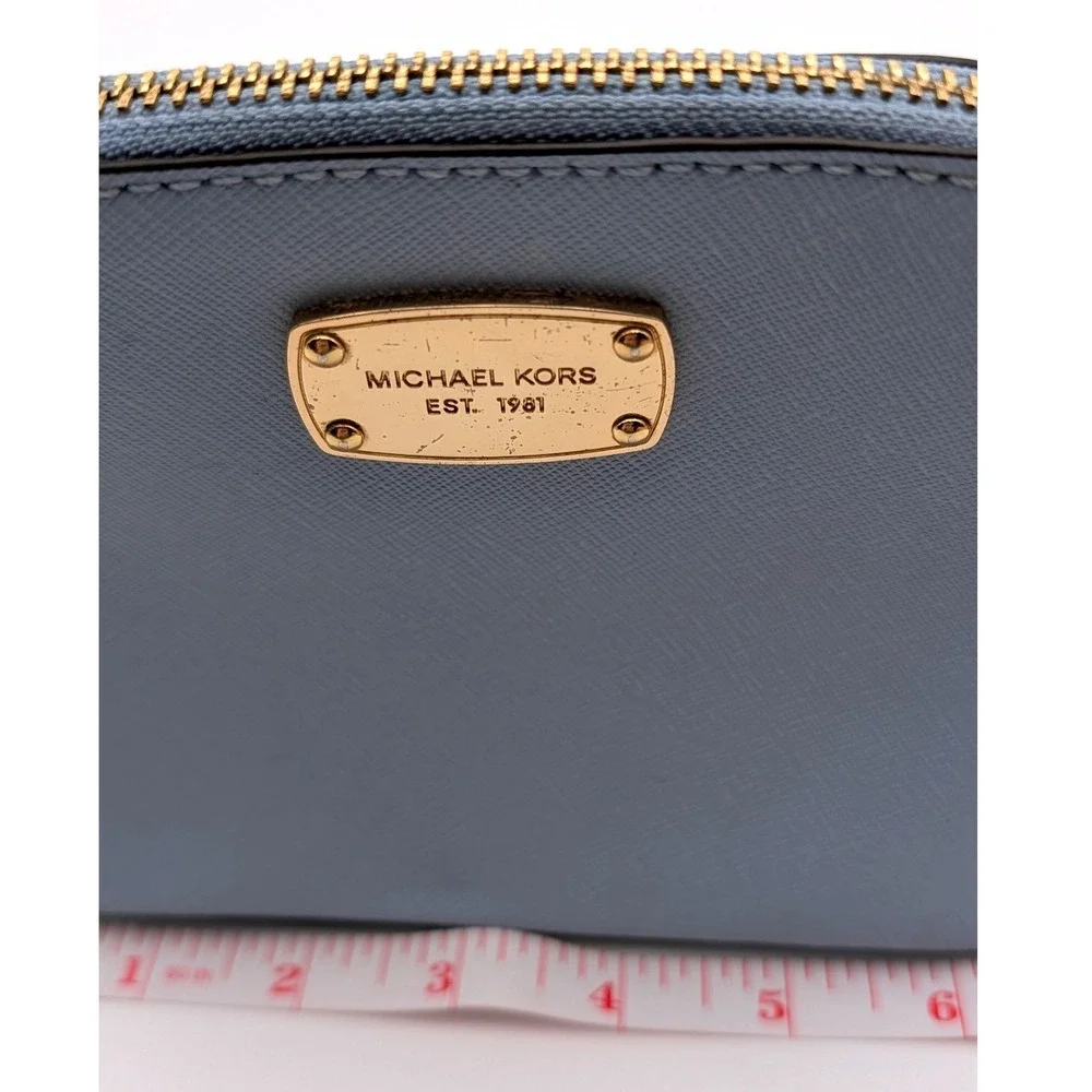 Michael Kors Cindy Travel Pouch Saffiano Leather Dome Cosmetic Bag Light Blue